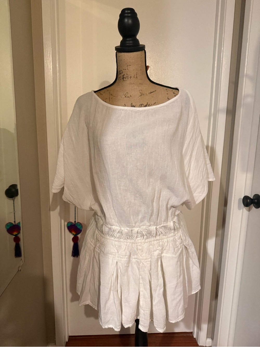 Free People White Linen Blend Short Sleeve Waist-Detail dress